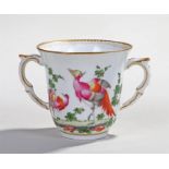 18th century Chelsea two handled cup decorated with birds of Paradise with gilt decoration to handle