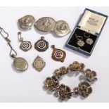 Asian silver belt buckle, together with a flower design bracelet, medals, earrings and a pendant, (