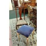 Oak foot stool, with slender cabriole legs and stuff over seat, together with a dining chair, (2)