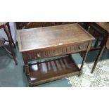 17th Century style oak side table, the rectangular top above a thumb moulded drawers and under tier,