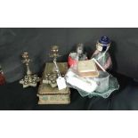 mixed lot to include pair of enamel and onyx candlesticks, Haig water jug, glove box and various