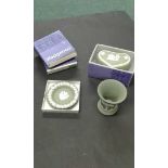 Collection of Wedgwood sage green Jasperware to include sweet dishes, a heart shaped box and a