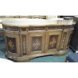 20th Century walnut and inlaid side board, the rectangular top with bow ends and foliate inlaid
