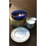 Mixed ceramics, KPM soup bowls, semi Nankeen China plate, and Chinese bowls, together with a glass