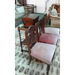 Set of three oak Edwardian dining chairs, together with an oak trolley, (4)