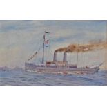 Watercolour of HMS Rose, monogrammed A.W.D 1918, the ship at sea with two chimneys, 39cm x 25cm