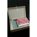 Plywood paint box containing water paints, crayons, brushes, etc