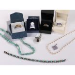 Silver jewellery, to include rings set with various stones, a necklace, a turquoise necklace a