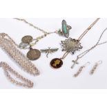 Silver jewellery, to include chains, a brooch, a ring, also included Rosary bead necklace etc, (