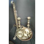 Brass ware to include a sun dial, light fitting and two pairs of candlesticks (qty)