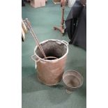 Large copper Vessel and fire irons (qty)