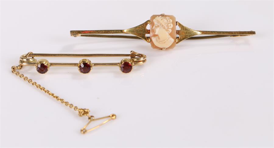 Brooches, to include a 9 carat gold cameo brooch and a garnet set brooch in yellow metal, (2)