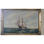 Oil on canvas of a sailing ship at sea 76x49cm