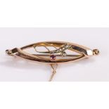 9 carat gold amethyst and pearl brooch, naiveté form with a flower sprig, 47mm wide