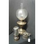 Brass oil lamp with frosted glass shade together with two small oil lamps (3)