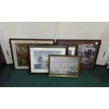 Five framed prints relating to HMS Victory and Nelsons battles, (5)