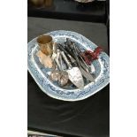 Willow pattern meat dish together with plated cutlery and cup (qty)