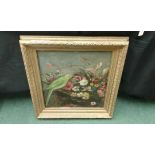 A framed oil painting of a parrot and flowers, 43 cm x 45 cm