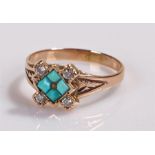 Diamond and turquoise set ring, the head with a central four turquoise square with diamonds to the