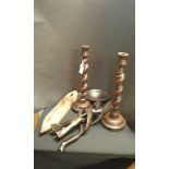 African carved wooden stand together with two wooden barley twist candlesticks and wooden shuttle (