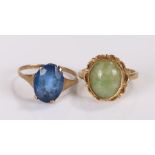 Two 9 carat gold rings, the first set with a blue paste stone, the second with a jade stone, (2)