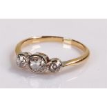 Diamond set ring, the head set with three diamonds to the shank, ring size N