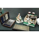 A mixed lot to include a cased set of fruit knives and forks, a silver plated condiment set, a