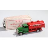 Minic tinplate clockwork Lorry, with a green cab and red tank, boxed