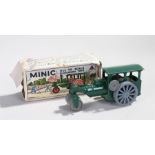 Tri-ang Minic tinplate clockwork steam roller, in green, grey wheels, boxed