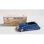 Tri-ang Minic tinplate clockwork open top car, in blue with wood seats, boxed