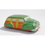 Mettoy clockwork tin plate toy car, Woody Wagon, the green roof above yellow and wood effect