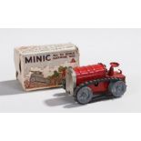 Tri-ang Minic tinplate clockwork tractor, the red tractor on rubber track, boxed