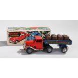 Tri-ang Minic tinplate clockwork Mechanical Horse and Brewery Trailer, 72m, with a red truck and