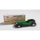 Tri-ang Minic tinplate clockwork open top car, in green and black, wood seats, boxed