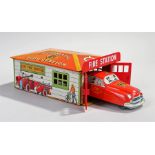 Marx tinplate 'Automatic Fire Station', the tinplate Station Building with tin printed signs and