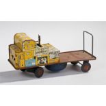 British made tin plate clock work toy baggage trailer, with yellow front with yellow decorated