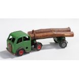 Tri-ang Minic clockwork lorry, with a green cab and log filled trailer