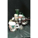 Venetian Murano glass cockerel, together with green glass objects, teapots, mugs and a model of a