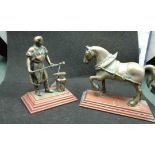 Two heavy brass figures of a blacksmith and a horse, mounted on wooden plinths, (2)