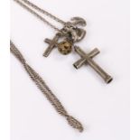 White metal novelty propelling pencil, in the form of a cross, with an attached chain with silver