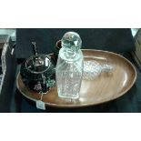 Mixed lot of a wooden tray together with a cut glass decanter, cut glass bottle with Pochets