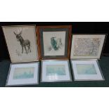 Six framed pictures to include a set of three prints of London a map of Essex etc (6)