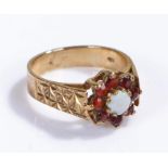 9 carat gold opal and garnet ring, with a central opal and garnet surround, ring size M