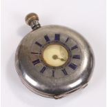 Silver half hunter pocket watch, the blue outer dial enclosing the white enamel dial, AF, 50mm