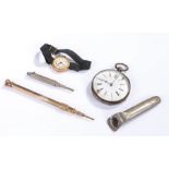 Silver open face pocket watch, together with two retracting pencils, a posy holder and a ladies