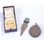 George III silver brooch mounted crown, together with a ring box clad in leather and a book mark, (