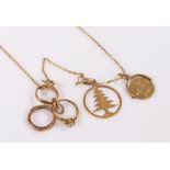 9 carat gold necklace with charms, with a miniature ring with cubic zirconia, other miniature rings,