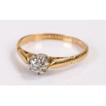 18 carat gold diamond set ring, with a round cut diamond to the head, ring size K