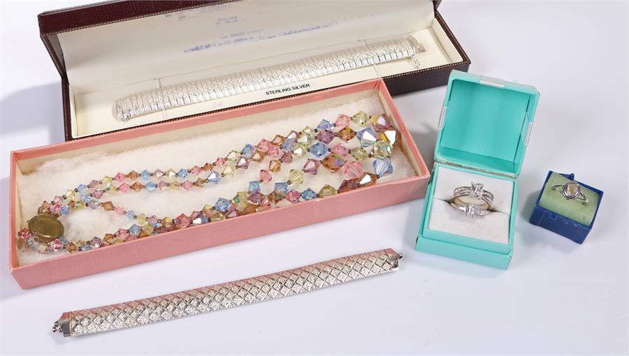 Silver jewellery, to include two silver bracelets, together with three silver rings and a costume