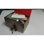 Collection of coins, various denominations, some bank notes and foreign, housed within a safe box